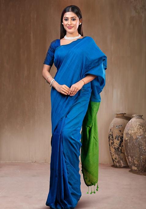 Blue Solid Cotton Saree Set