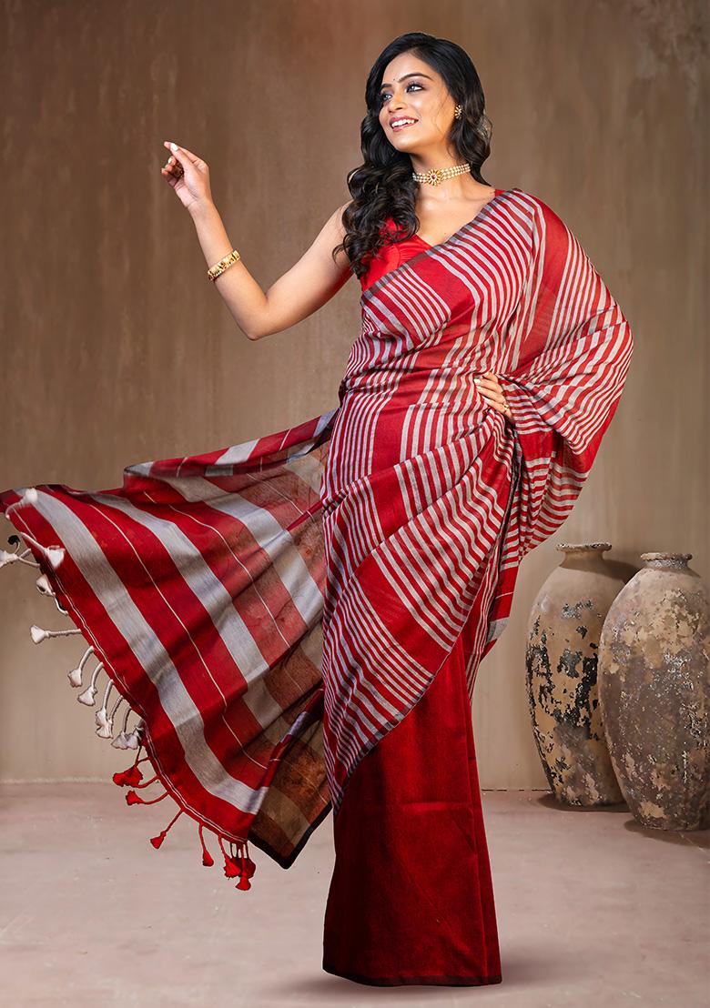 Red Solid Cotton Saree Set - Indya