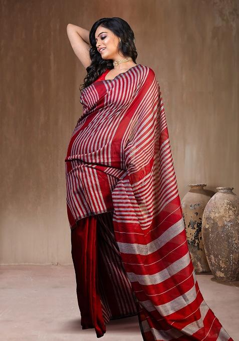 Red Solid Cotton Saree Set