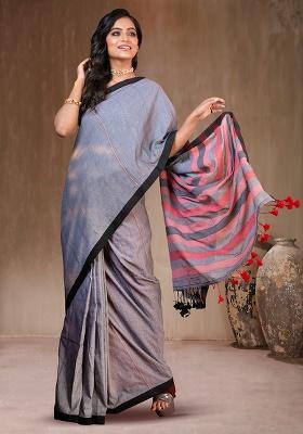 Gray Solid Cotton Saree Set