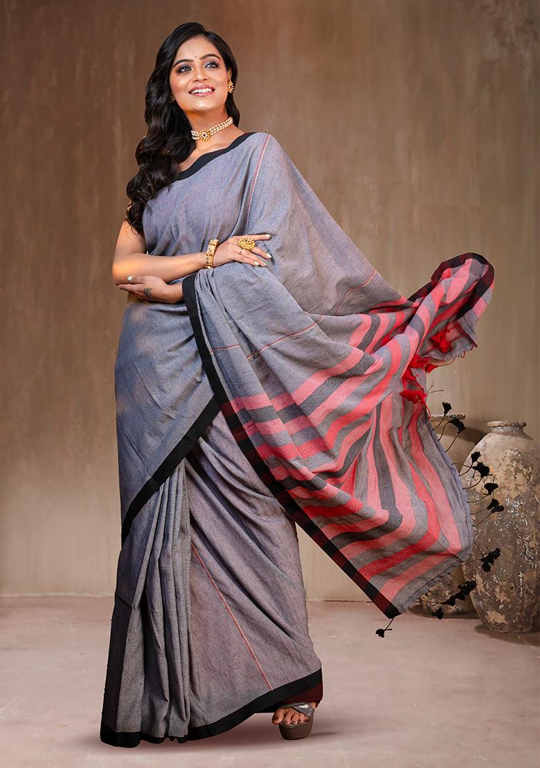 Gray Solid Cotton Saree Set - Indya