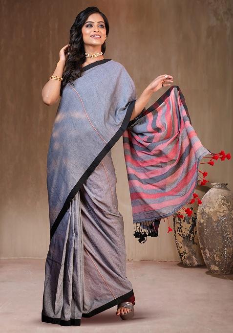Gray Solid Cotton Saree Set