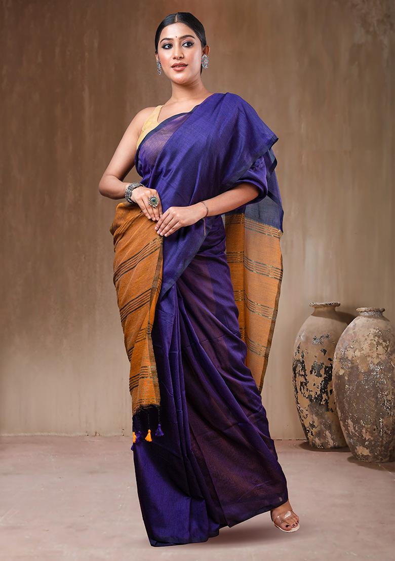 Blue Solid Cotton Saree Set - Indya