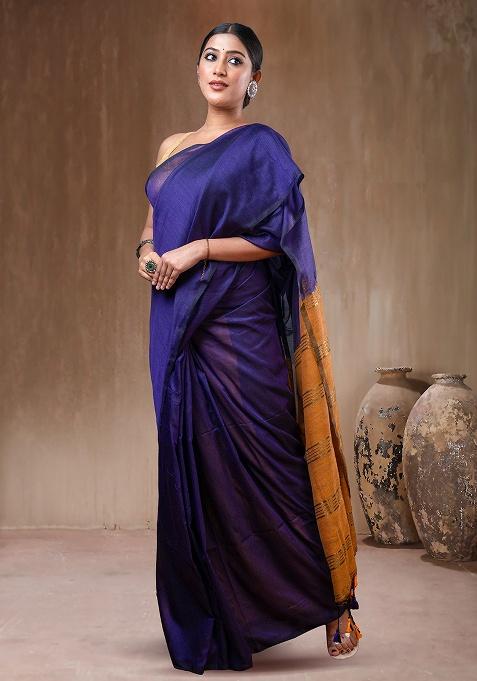 Blue Solid Cotton Saree Set