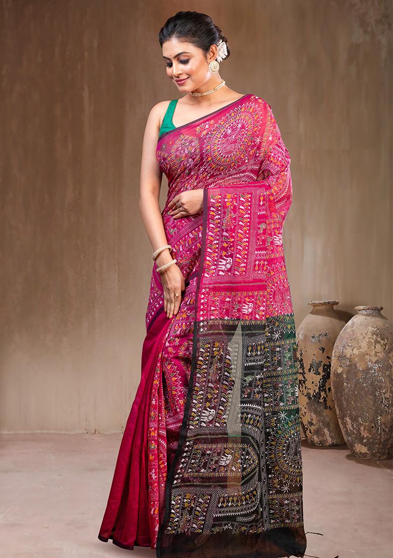 Red Solid Cotton Saree Set - Indya