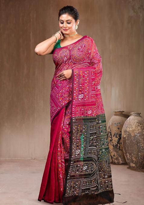 Red Solid Cotton Saree Set