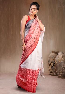 White Solid Cotton Saree Set