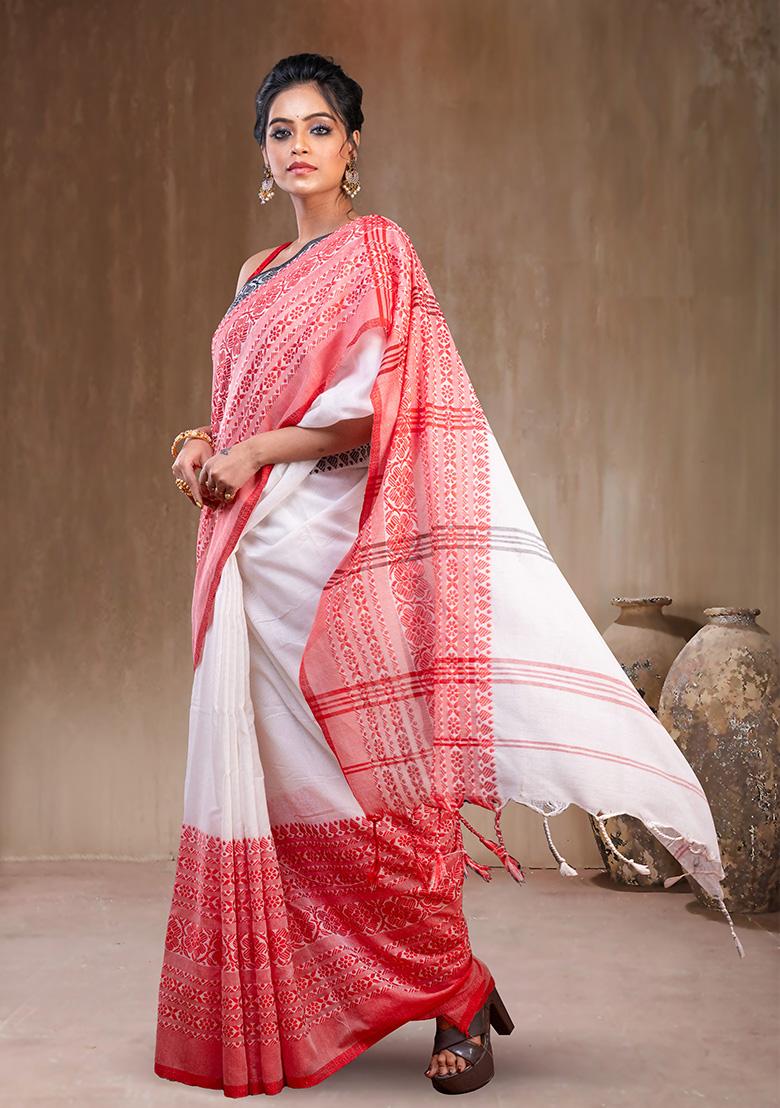 White Solid Cotton Saree Set - Indya