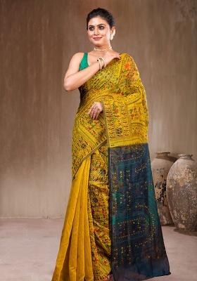 Yellow Solid Cotton Saree Set