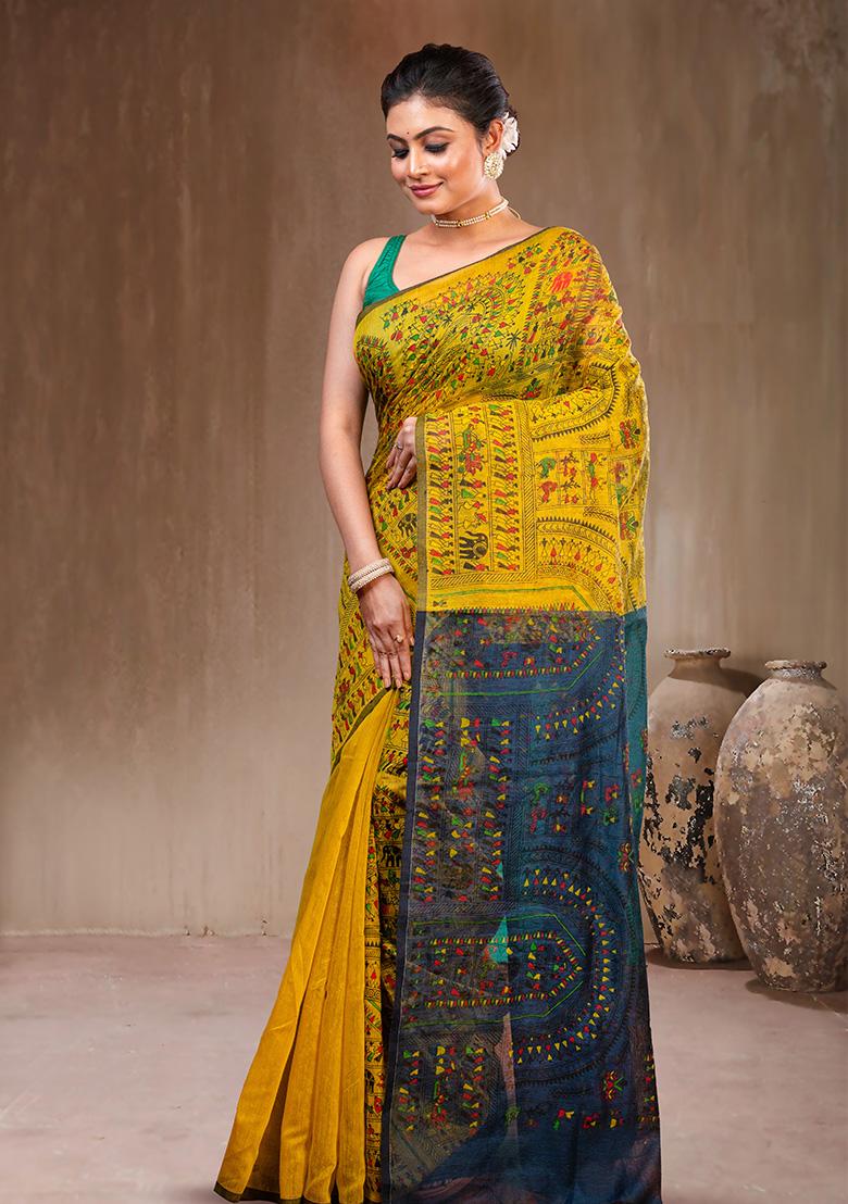 Yellow Solid Cotton Saree Set - Indya