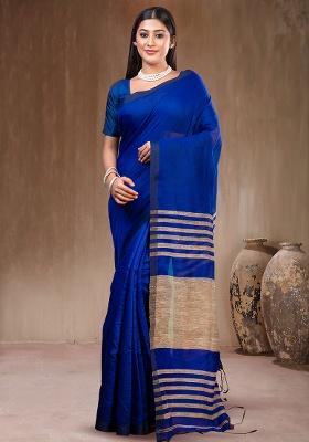 Blue Solid Cotton Saree Set