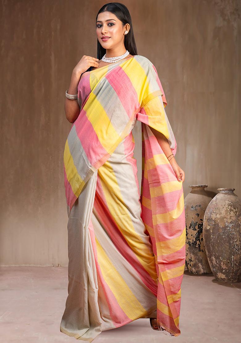 Multicolor Solid Cotton Saree Set - Indya
