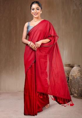 Red Solid Cotton Saree Set