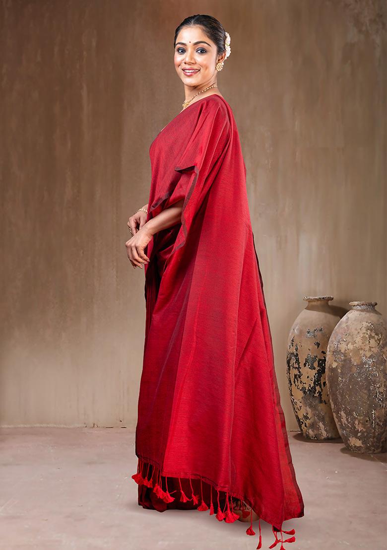 Red Solid Cotton Saree Set - Indya
