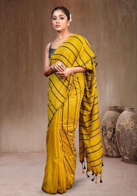 Yellow Solid Cotton Saree Set