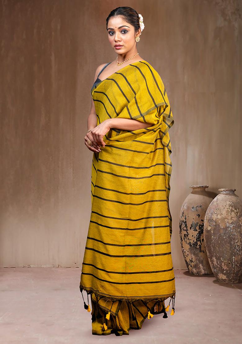 Yellow Solid Cotton Saree Set - Indya