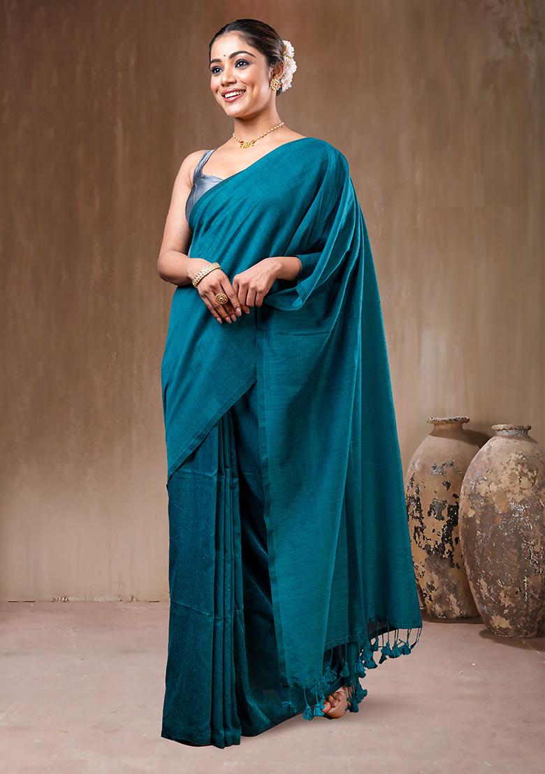 Green Solid Cotton Saree Set - Indya