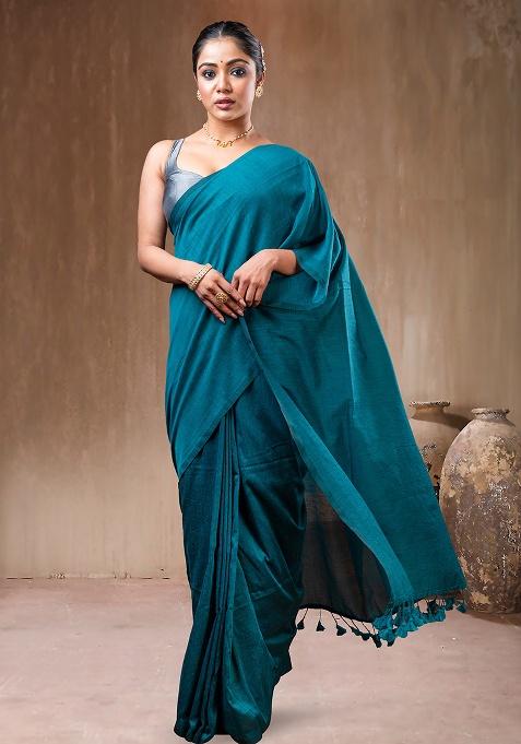 Green Solid Cotton Saree Set