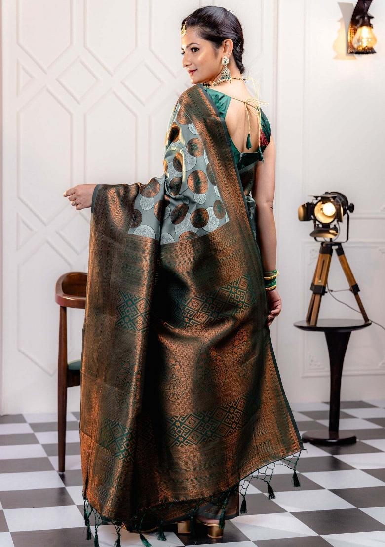 Light Blue And Green Woven Silk Sarees - Indya