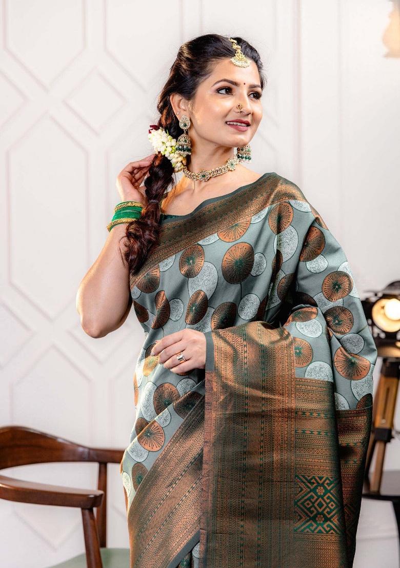 Light Blue And Green Woven Silk Sarees - Indya