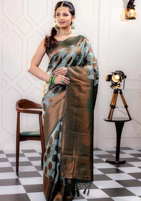 Light Blue And Green Woven Silk Sarees