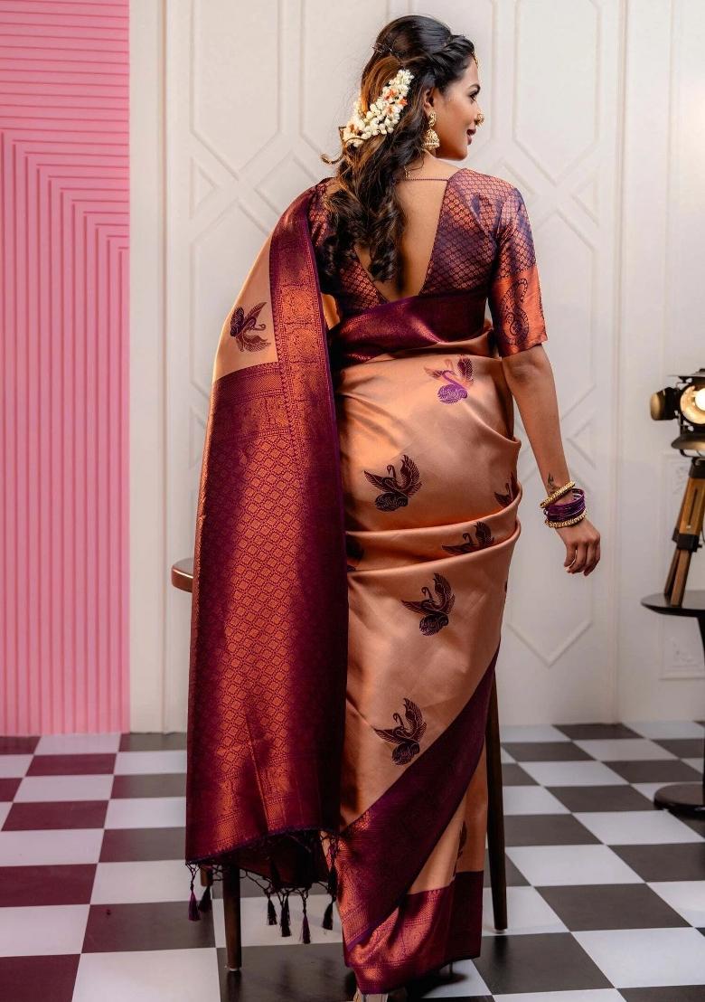 Purple And Cream Woven Silk Sarees - Indya