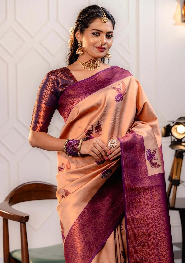 Purple And Cream Woven Silk Sarees - Indya