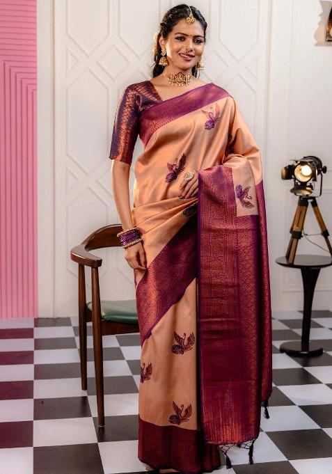 Purple And Cream Woven Silk Sarees