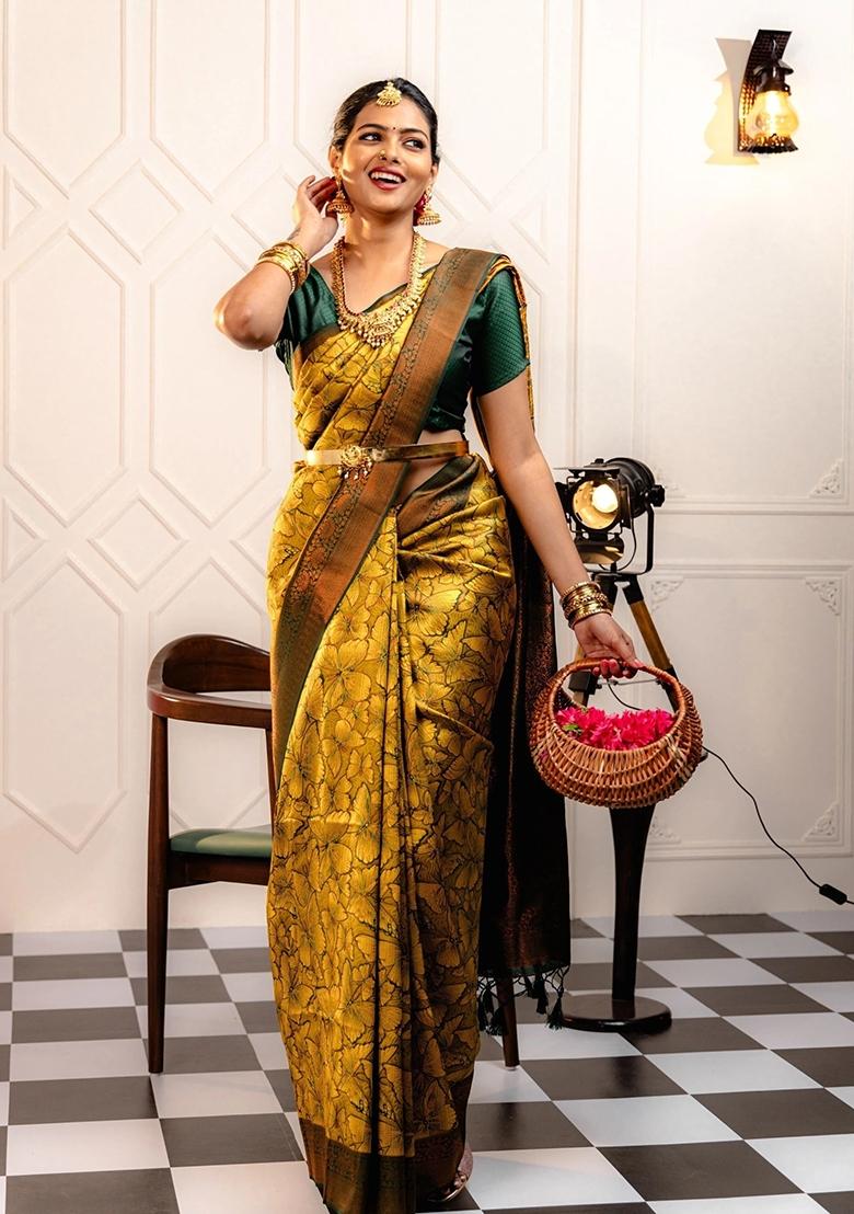 Yellow Woven Silk Sarees - Indya