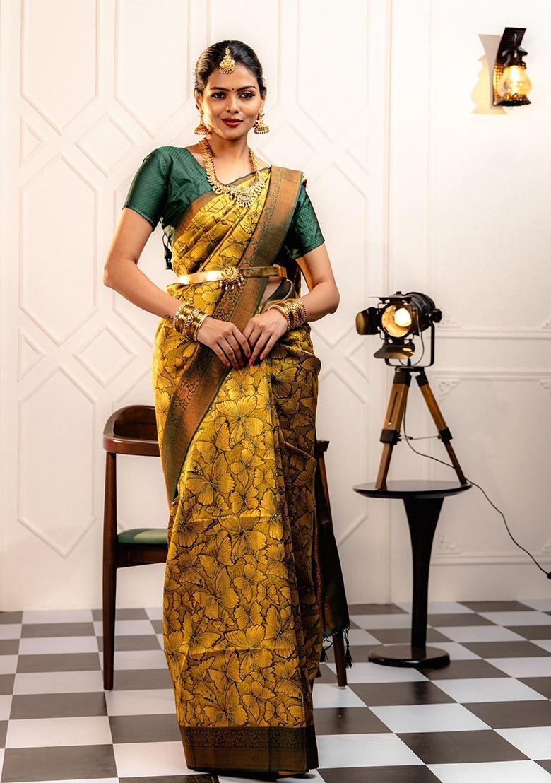 Yellow Woven Silk Sarees - Indya