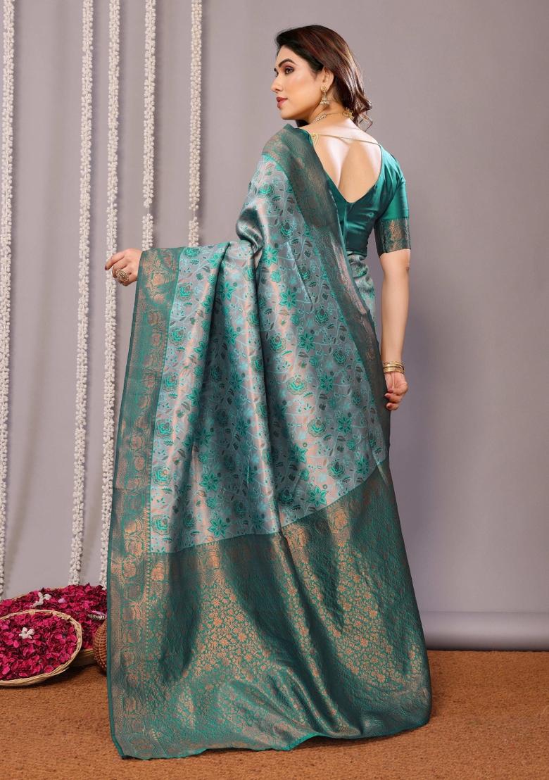 Light Green And Green Woven Silk Sarees - Indya