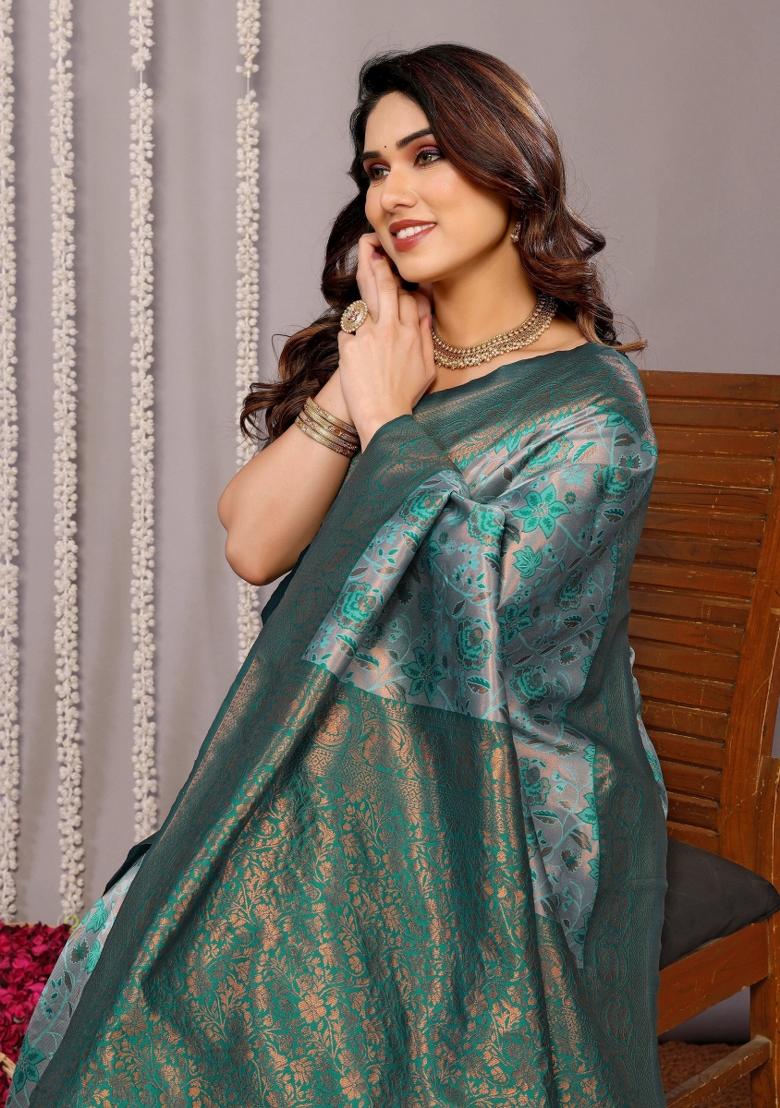 Light Green And Green Woven Silk Sarees - Indya