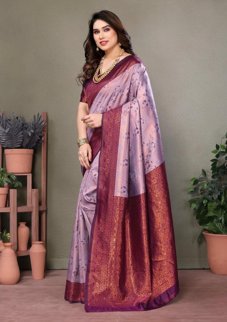 Purple Woven Silk Sarees - Indya