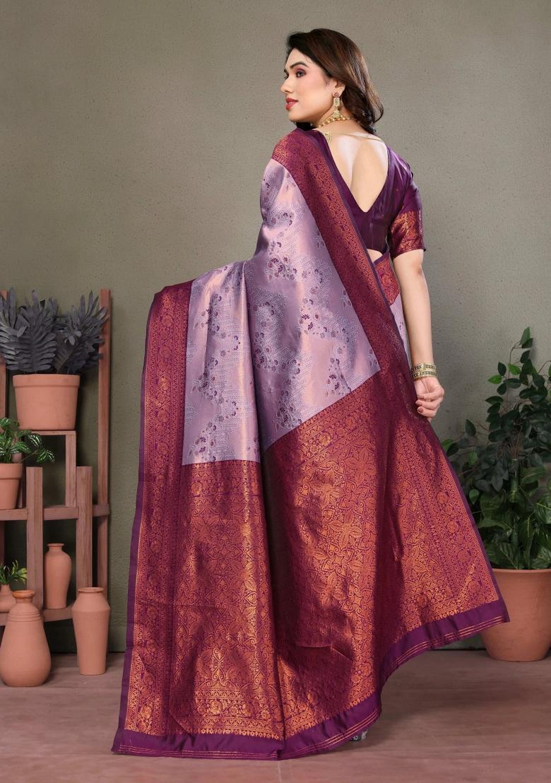 Purple Woven Silk Sarees - Indya