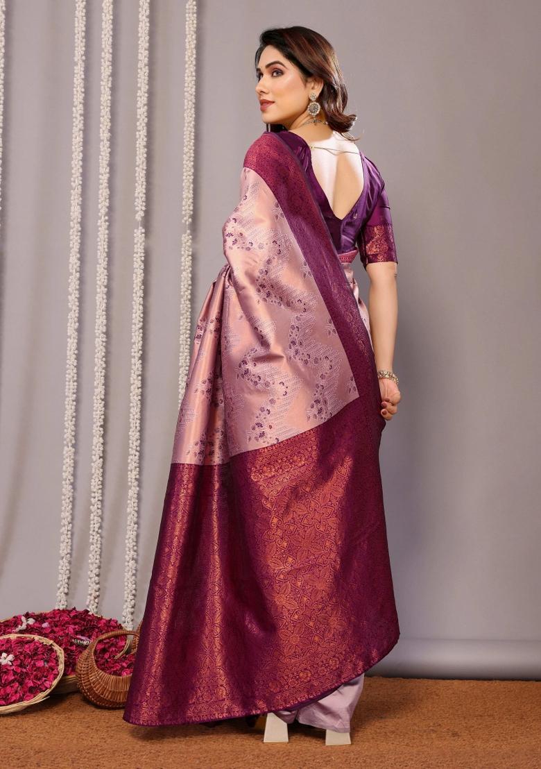 Pink And Purple Woven Silk Sarees - Indya