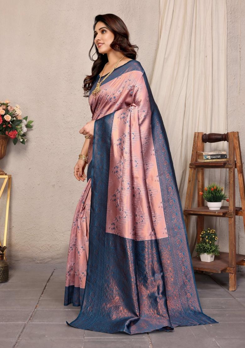 Pink And Light Blue Woven Silk Sarees - Indya