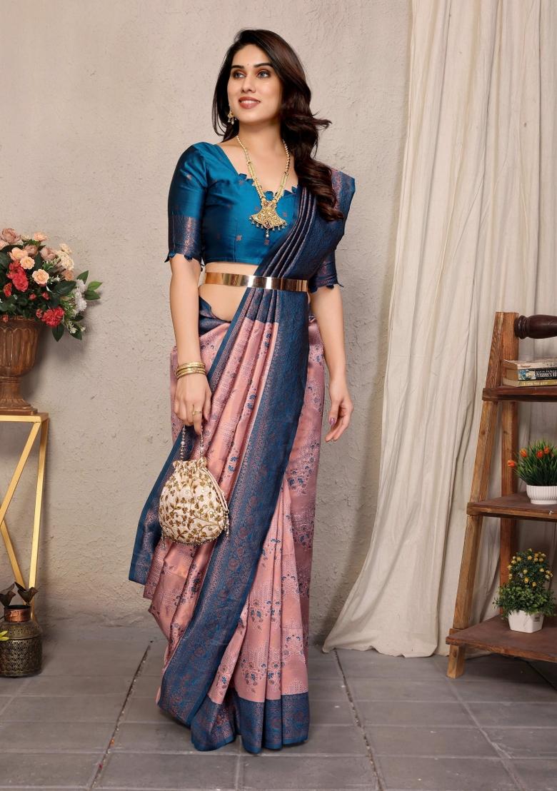 Pink And Light Blue Woven Silk Sarees - Indya