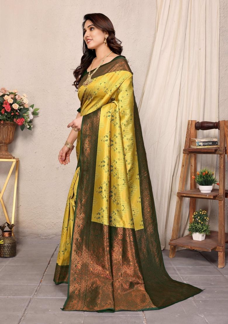 Yellow And Green Woven Silk Sarees - Indya
