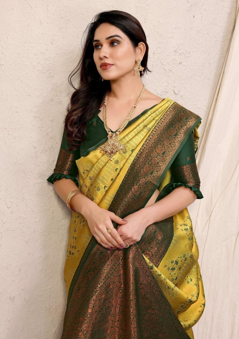 Yellow And Green Woven Silk Sarees - Indya