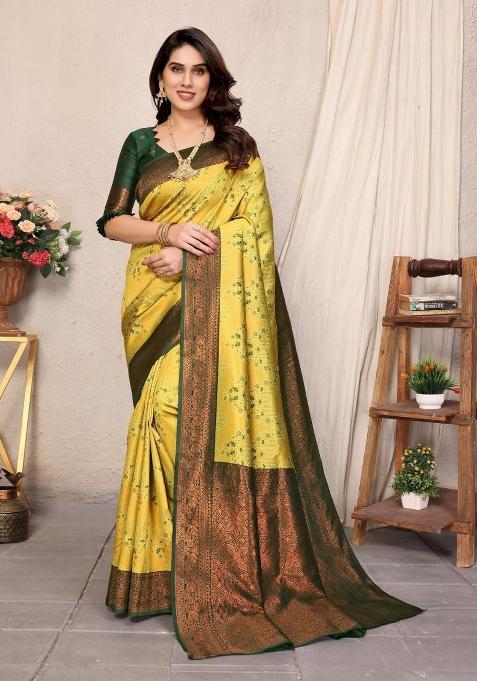Yellow And Green Woven Silk Sarees