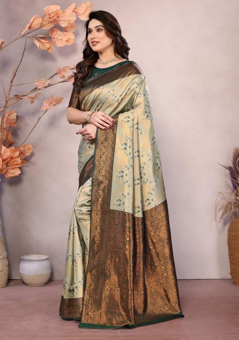 Cream And Gold Woven Silk Sarees - Indya