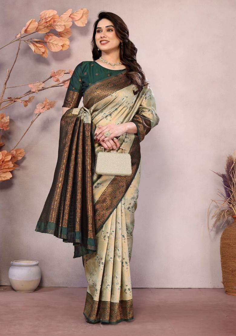 Cream And Gold Woven Silk Sarees - Indya