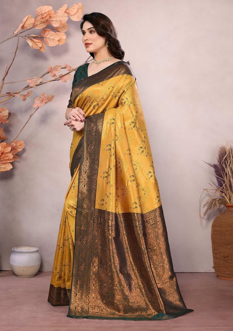 Gold And Green Woven Silk Sarees - Indya