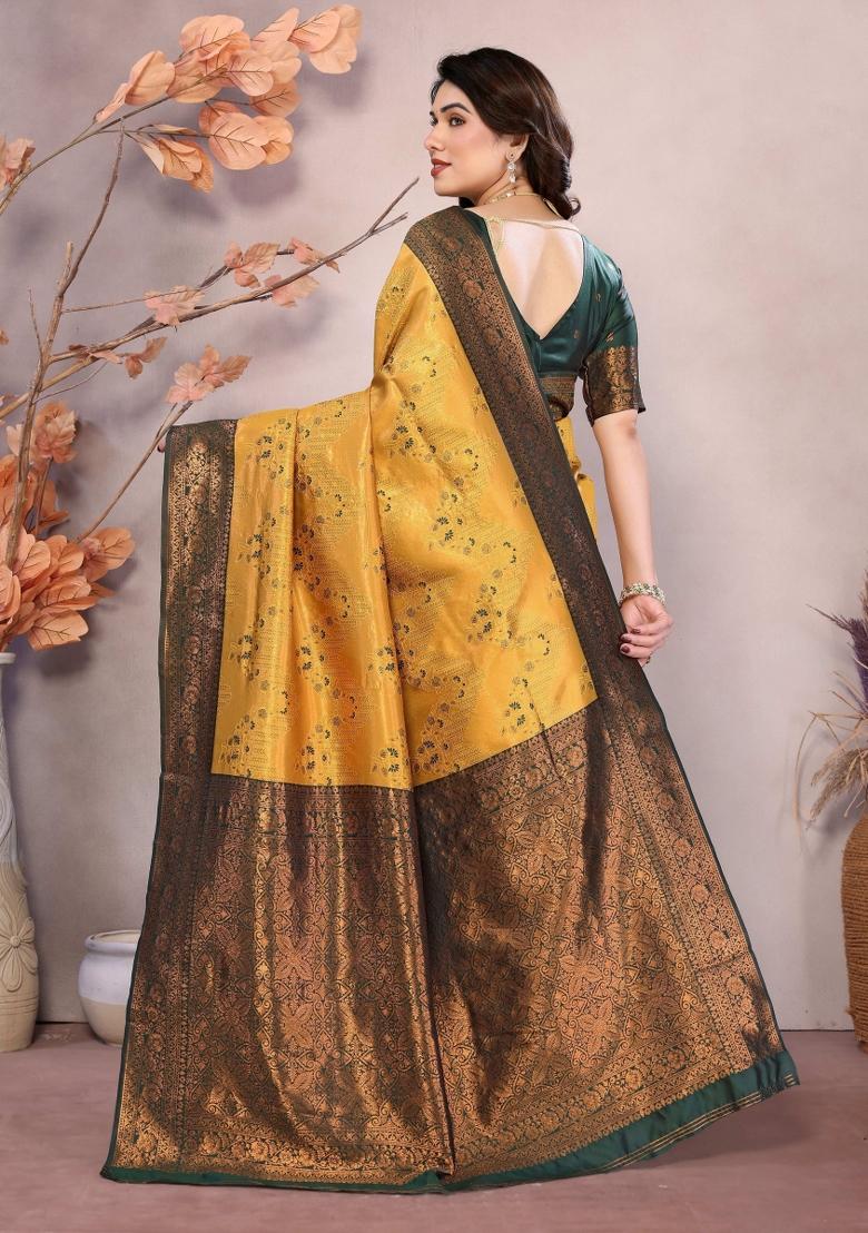 Gold And Green Woven Silk Sarees - Indya