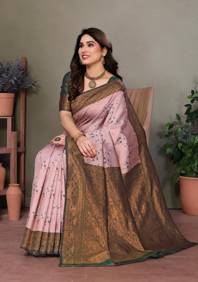 Pink And Green Woven Silk Sarees - Indya