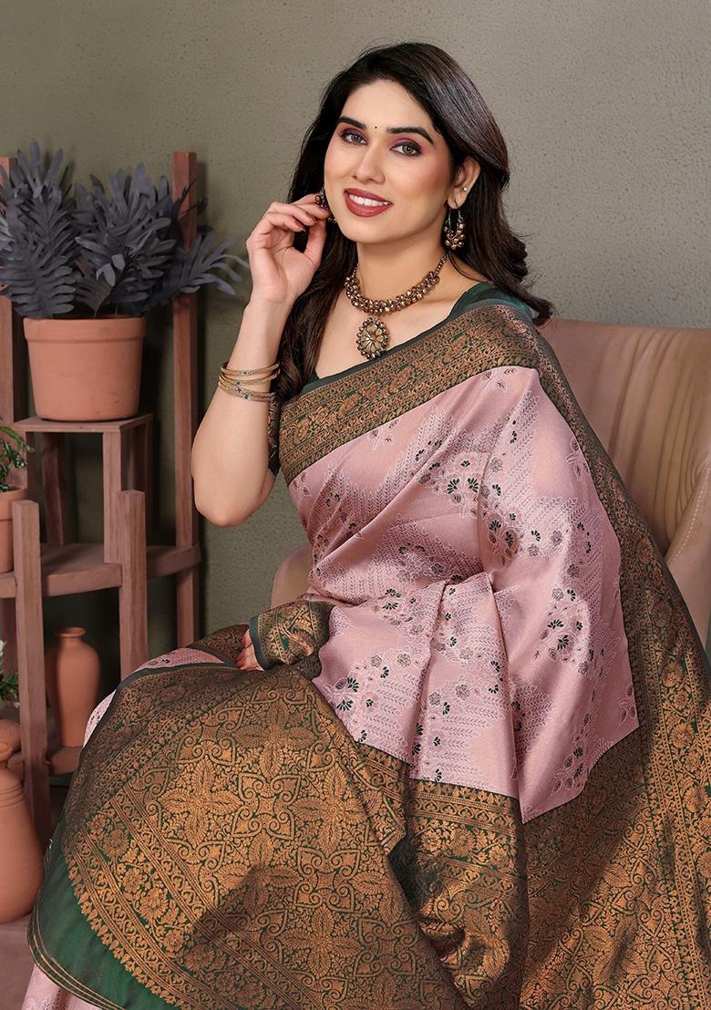 Pink And Green Woven Silk Sarees - Indya