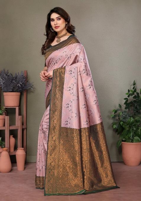 Pink And Green Woven Silk Sarees