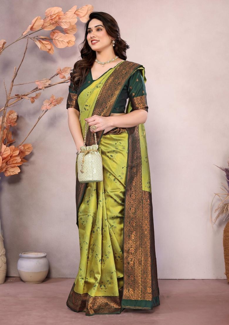 Light Green And Green Woven Silk Sarees - Indya