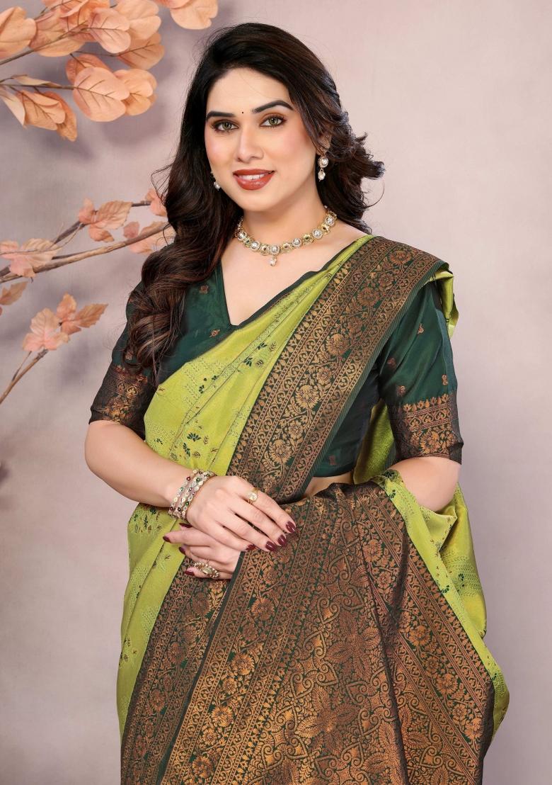 Light Green And Green Woven Silk Sarees - Indya