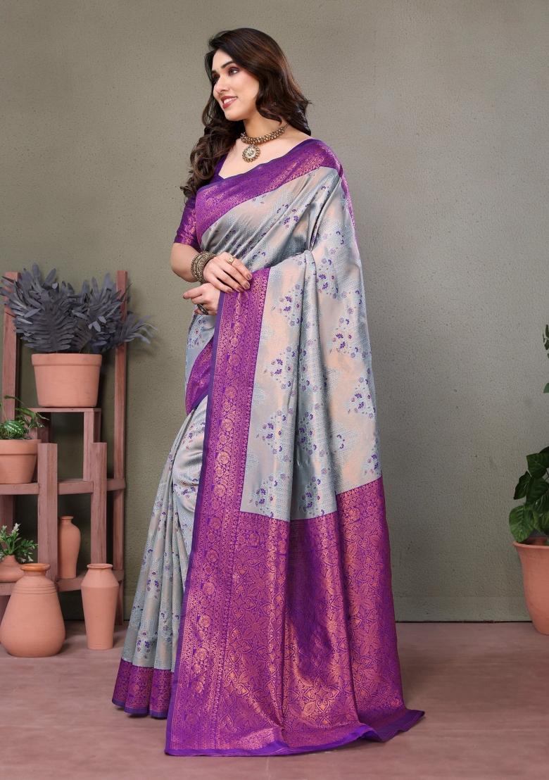 Light Blue And Purple Woven Silk Sarees - Indya